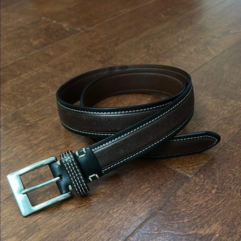 Cole Haan Men’s Two Tone Leather Belt 
With Contrast Stitching, Silver Hardware